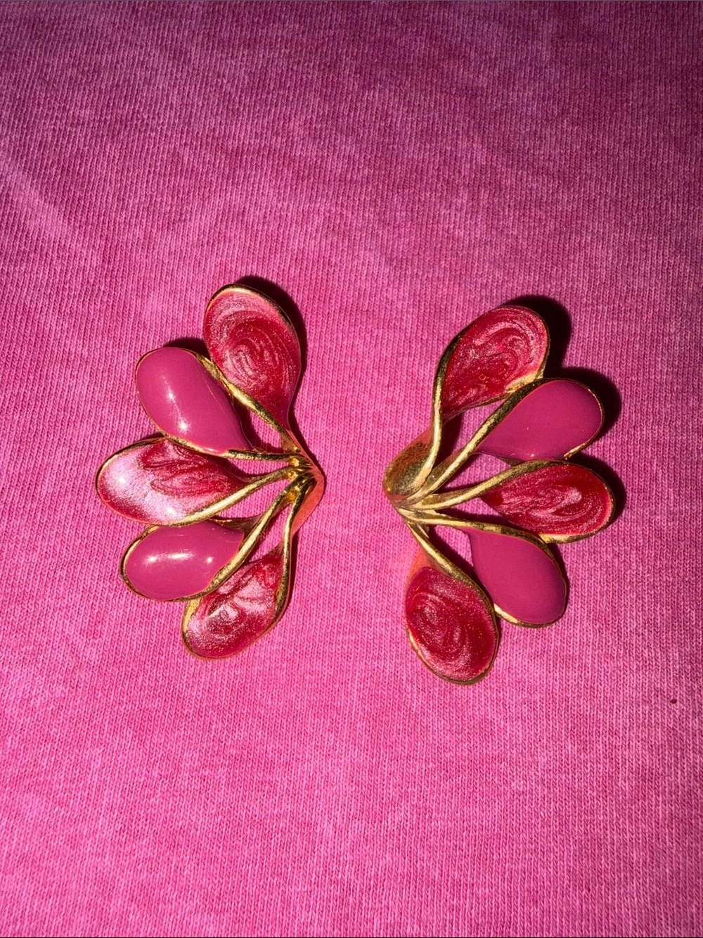 Vintage Fan Shaped Enamel Earrings in Gold Tone- 3 pairs
